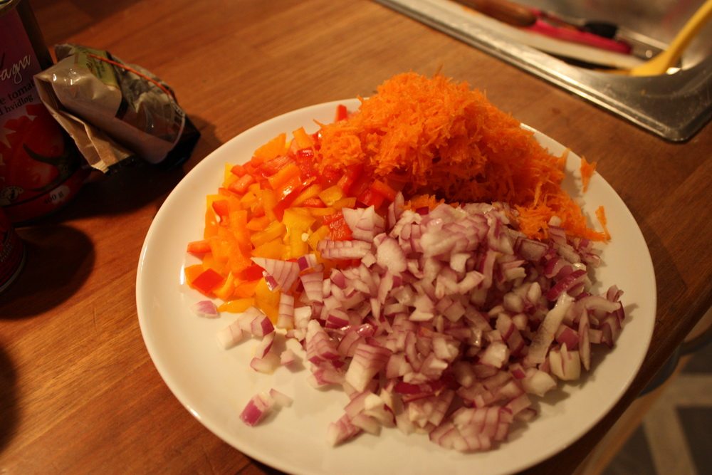 chopped red onions, grated carrot and bell pepper