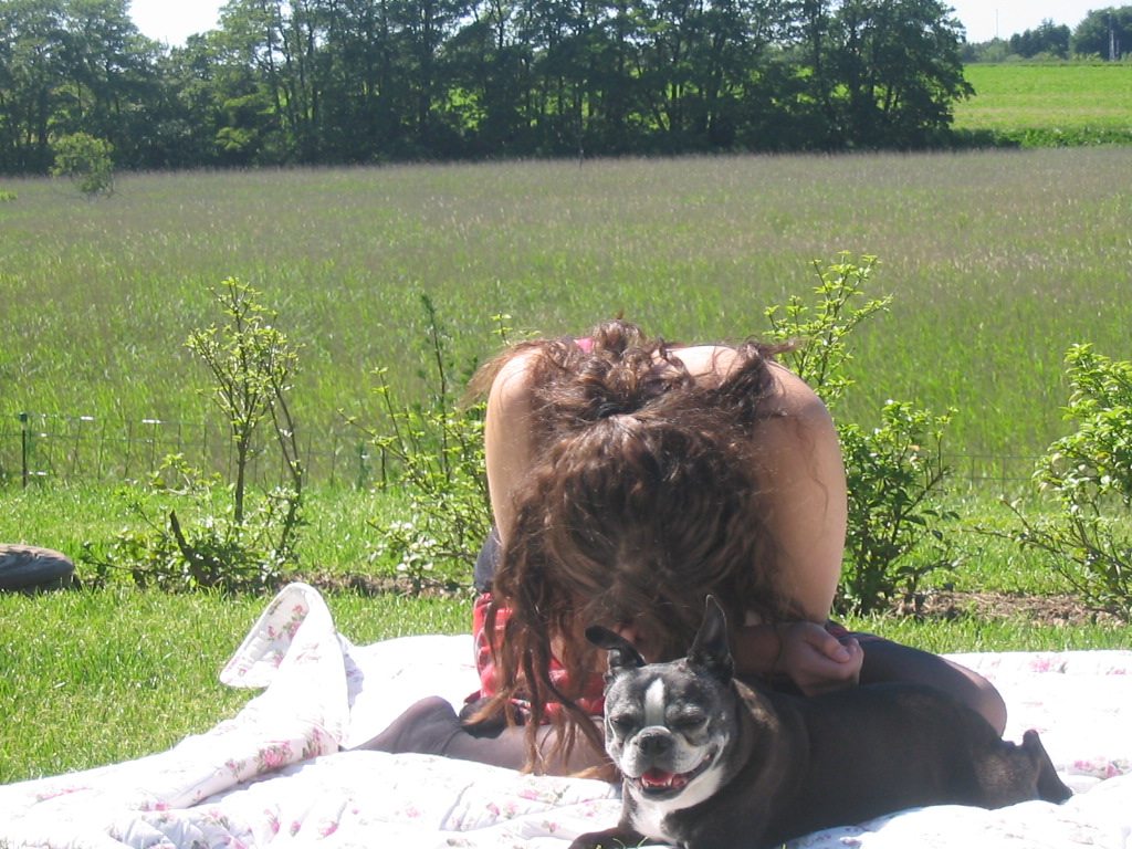 Leah hiding behind curly hair and boston terrier mille 2005