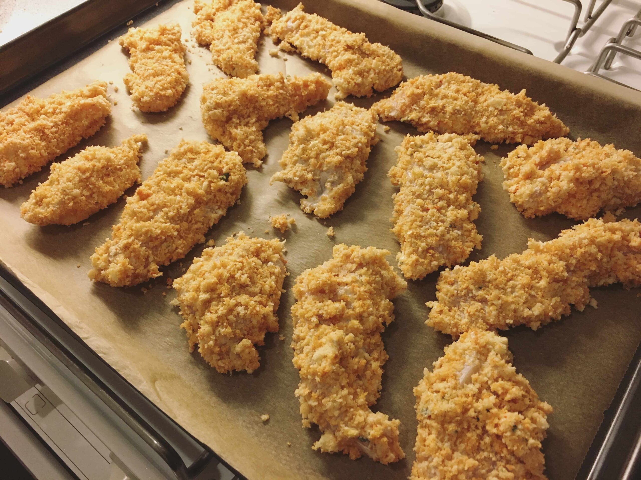 Matts chicken goujons on a tray