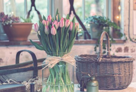 pink tulips in a clear vase