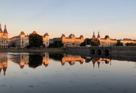 the lakes in copenhagen and danish buildings at sunset in the summer