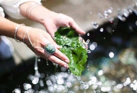 woman washing a leaf and hands